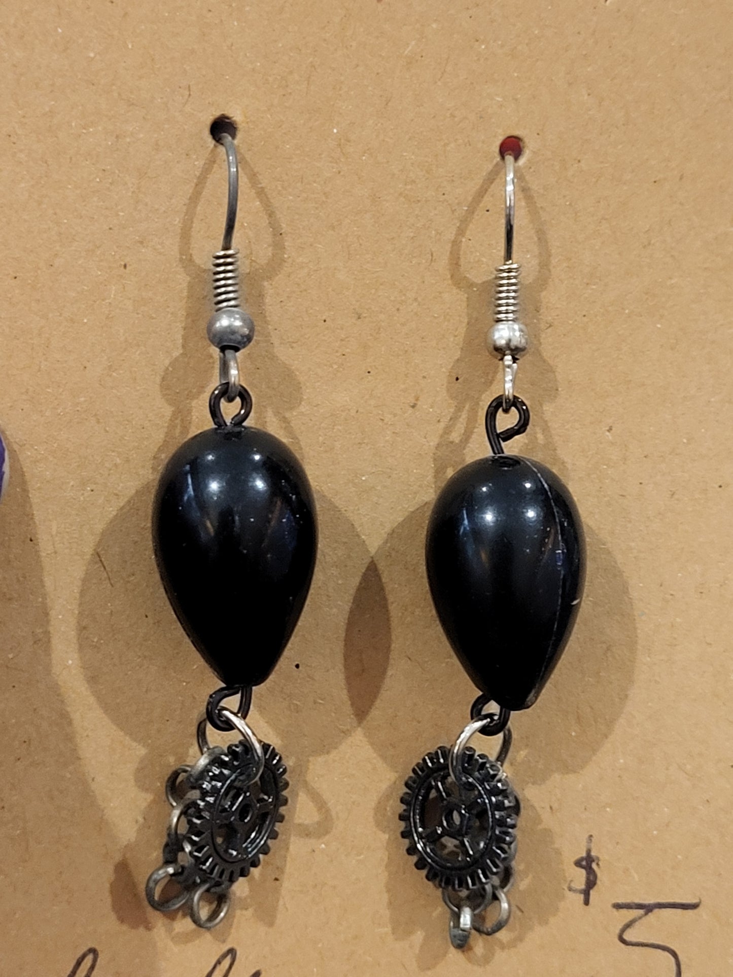 Handmade black teardrop bead earrings with gear