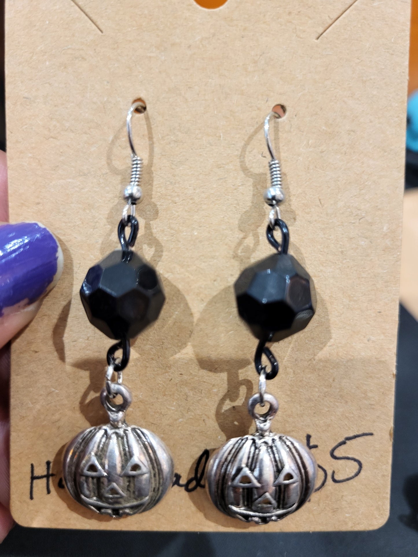 Handmade black bead and pumpkin charm earrings