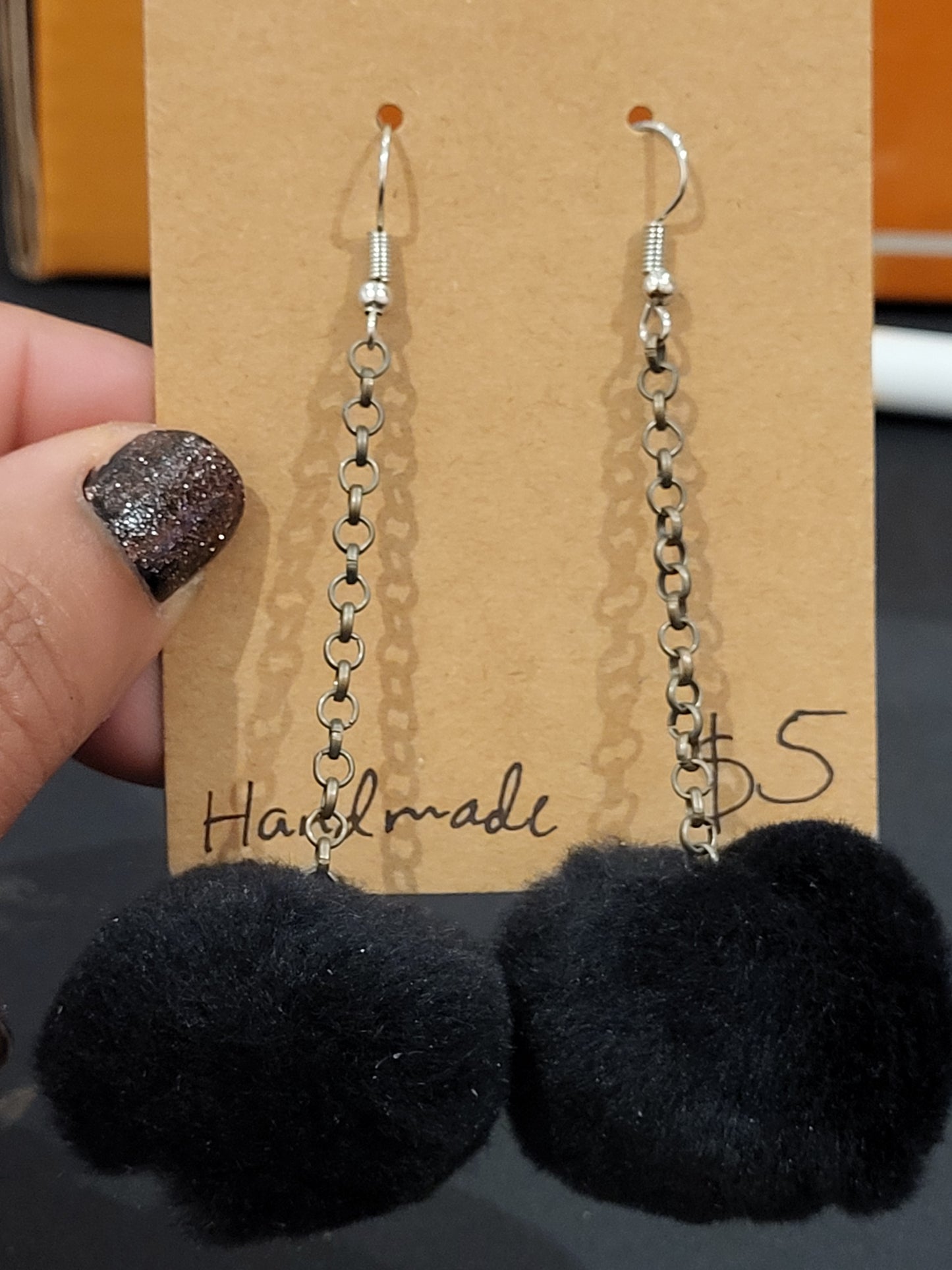 Handmade black pom pom chain earrings large