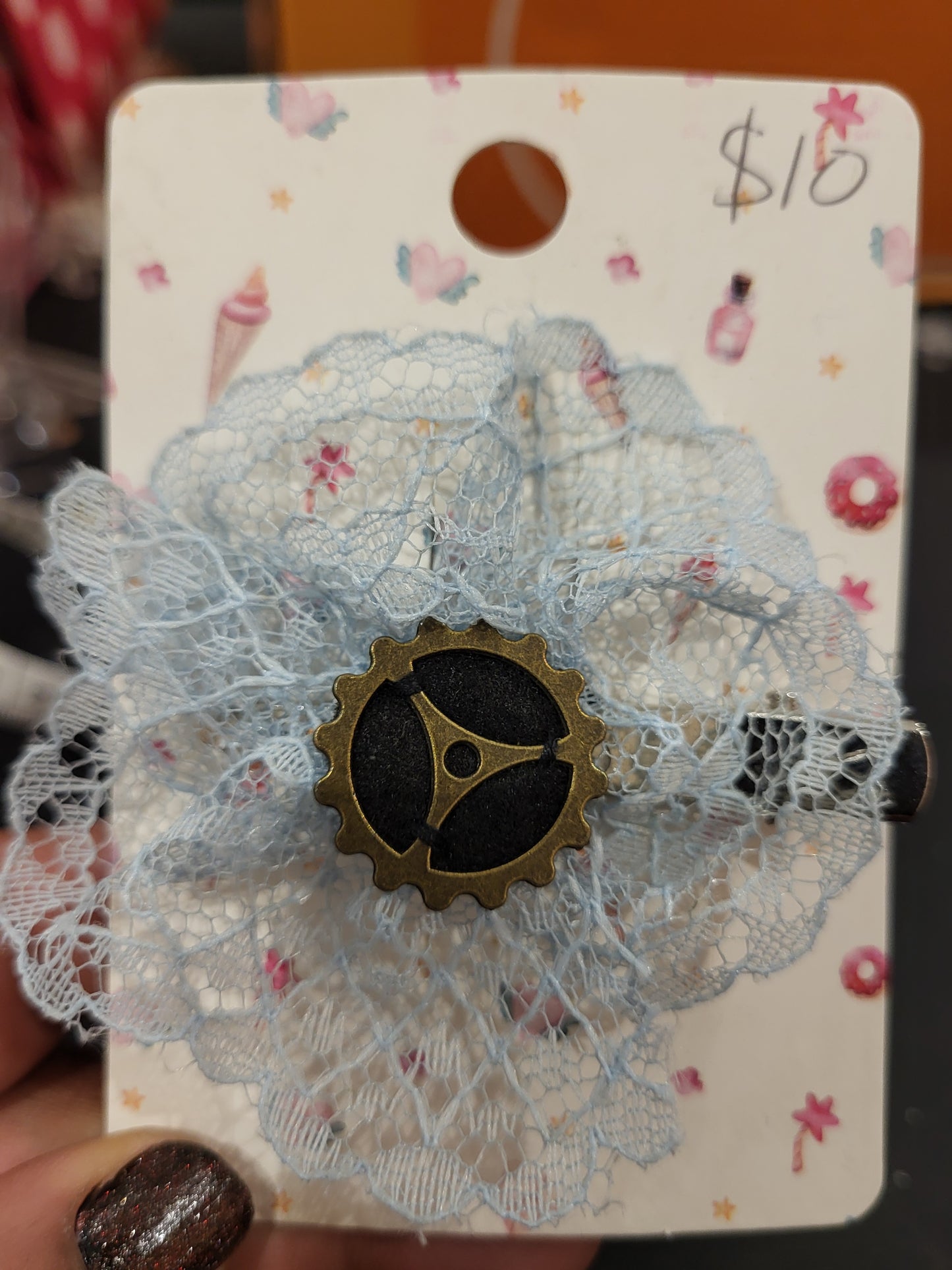 Handmade blue lace hair clip with gear