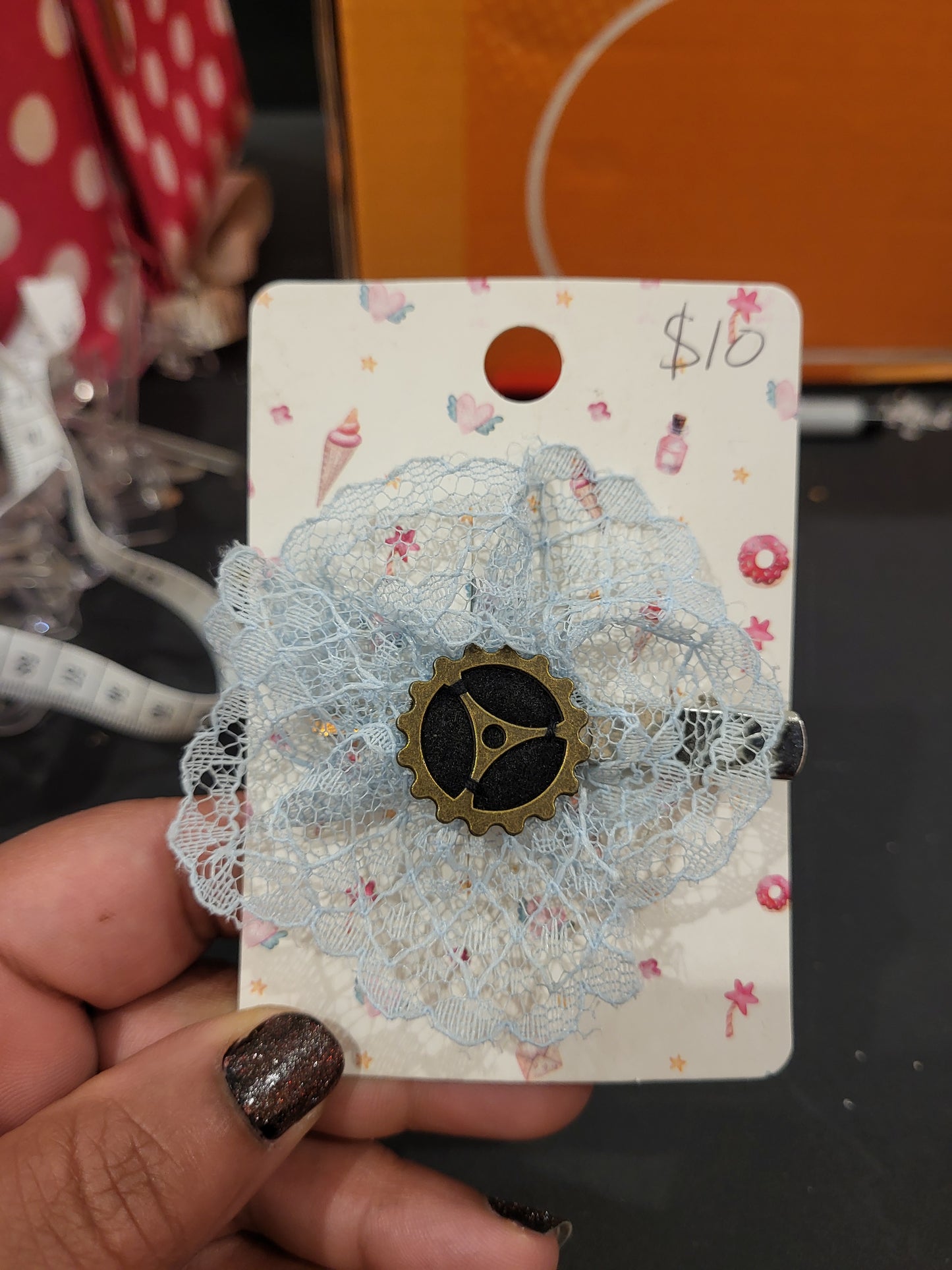 Handmade blue lace hair clip with gear