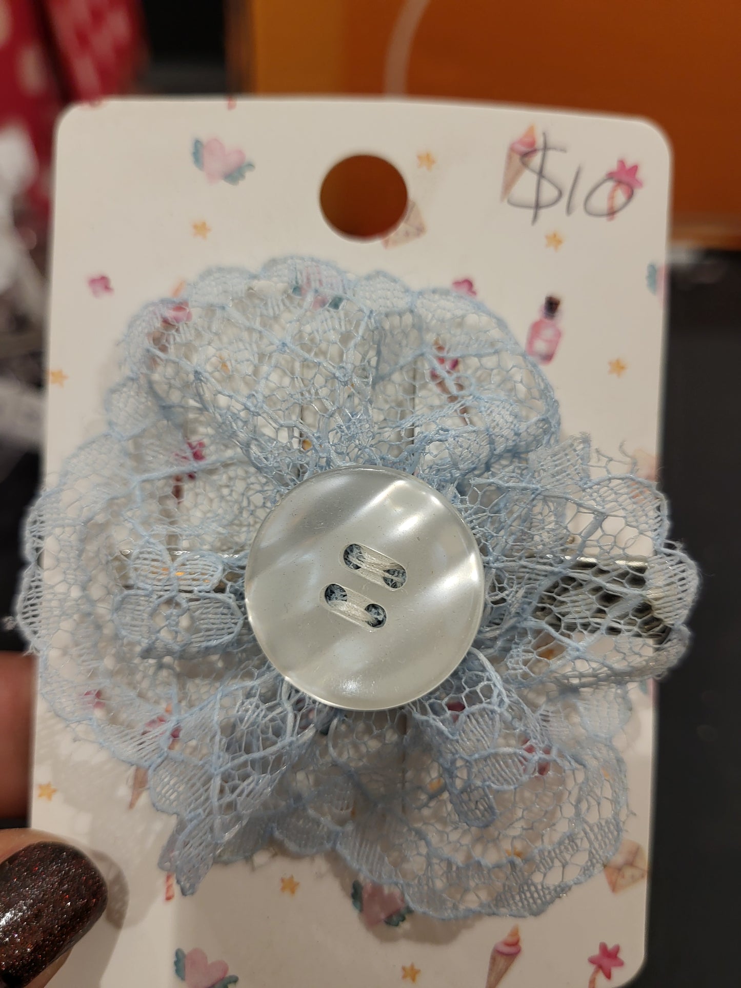 Handmade blue lace hair clip with white button