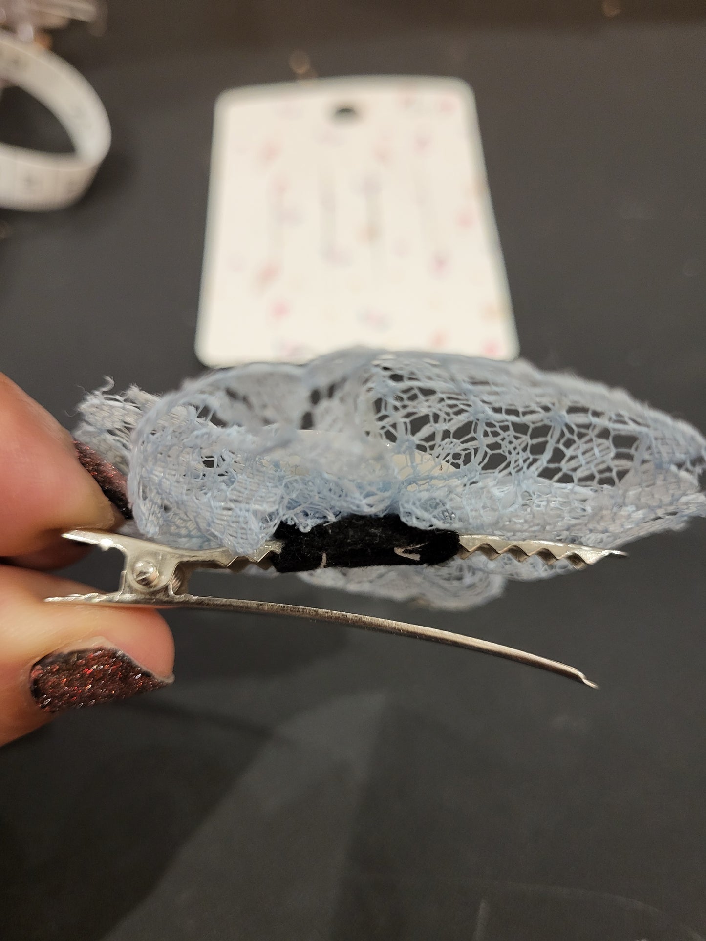 Handmade blue lace hair clip with white button