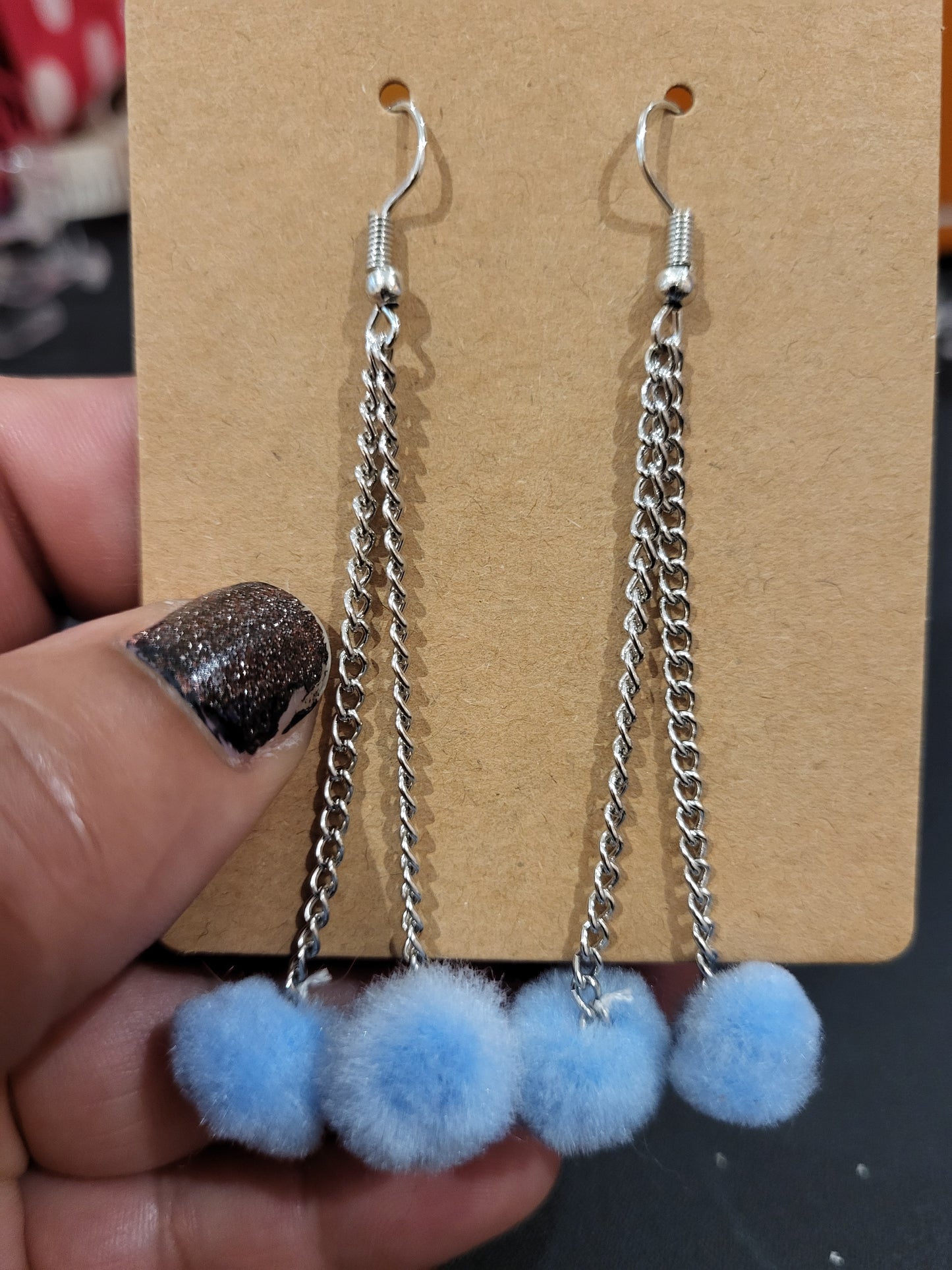 Handmade sky blue pom pom chain earrings mini double alt