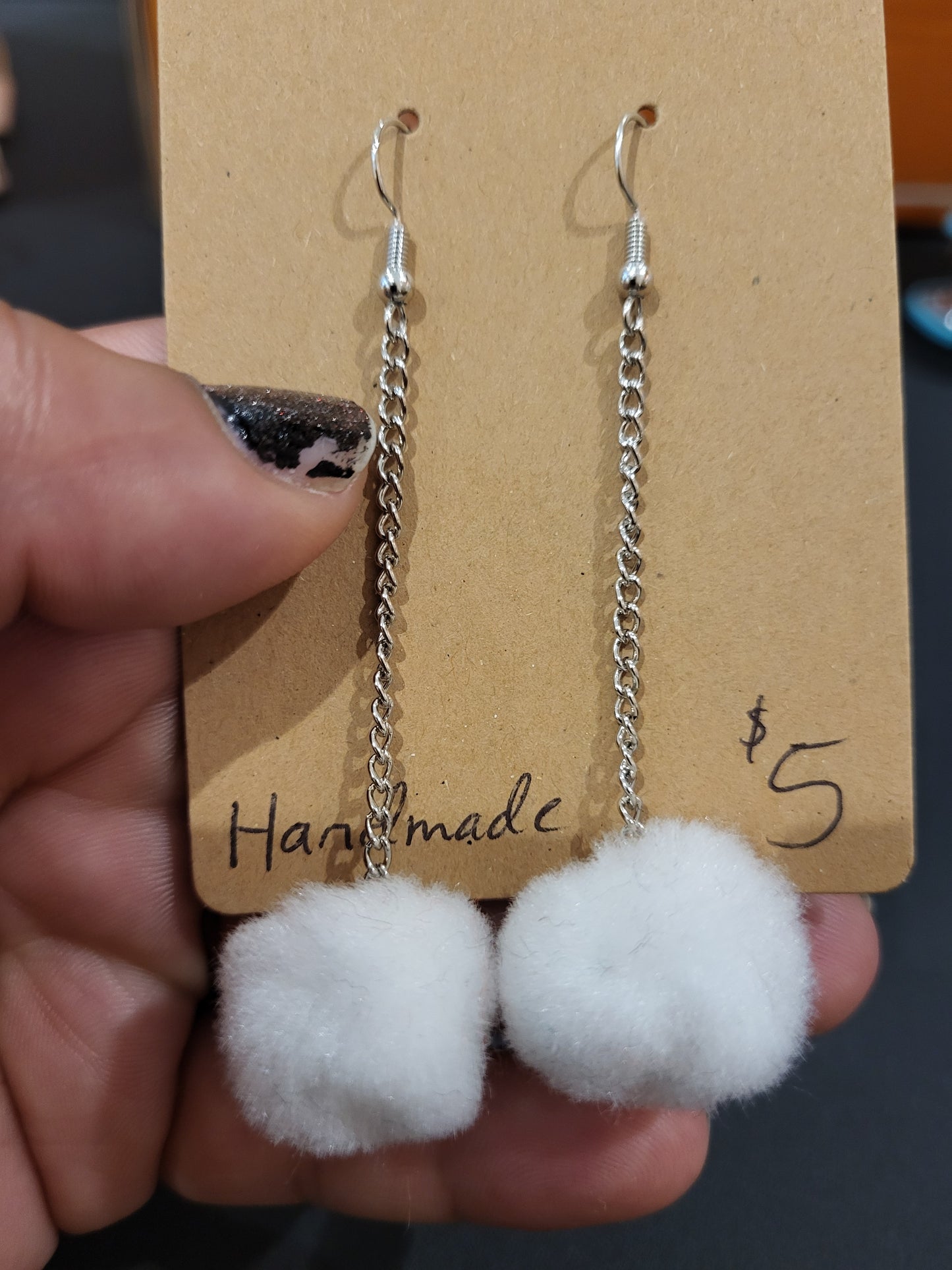 Handmade Snow poof white pom pom chain earriings medium