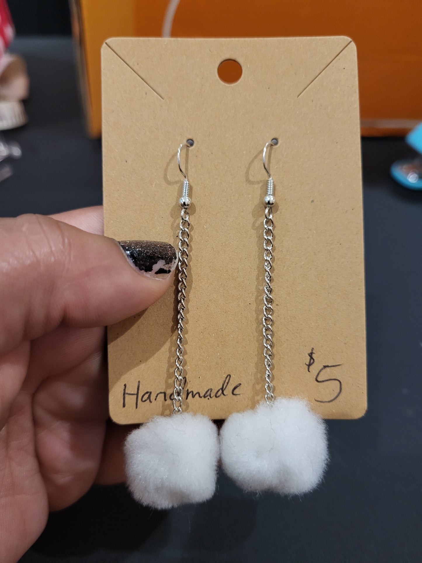 Handmade Snow poof white pom pom chain earriings medium