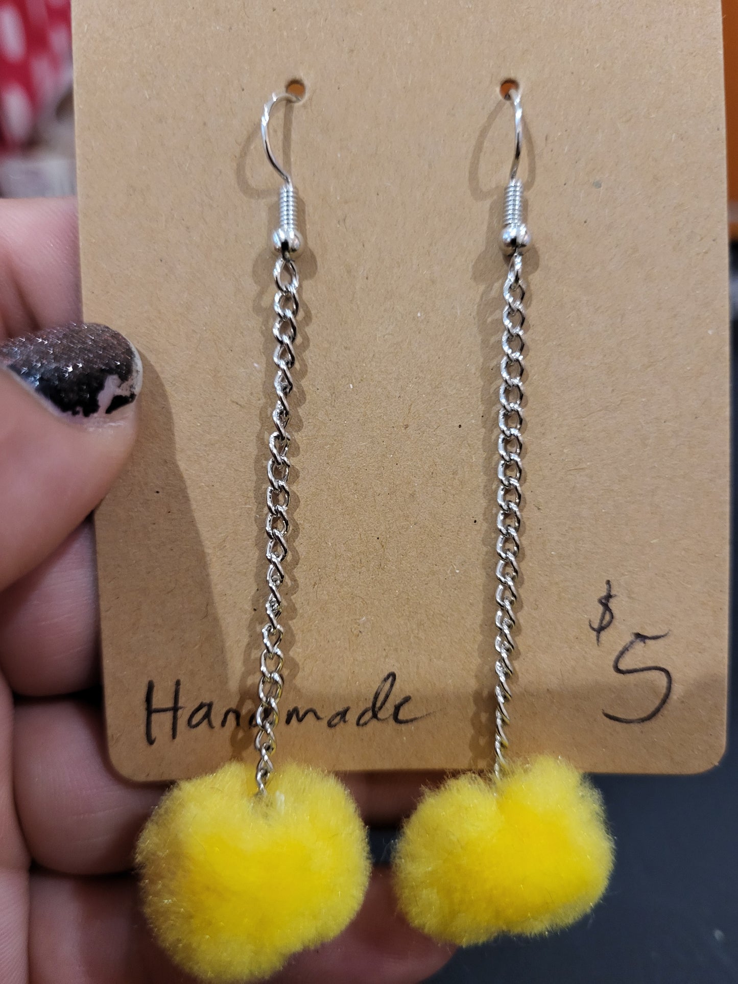 Handmade yellow pom pom chain earrings small