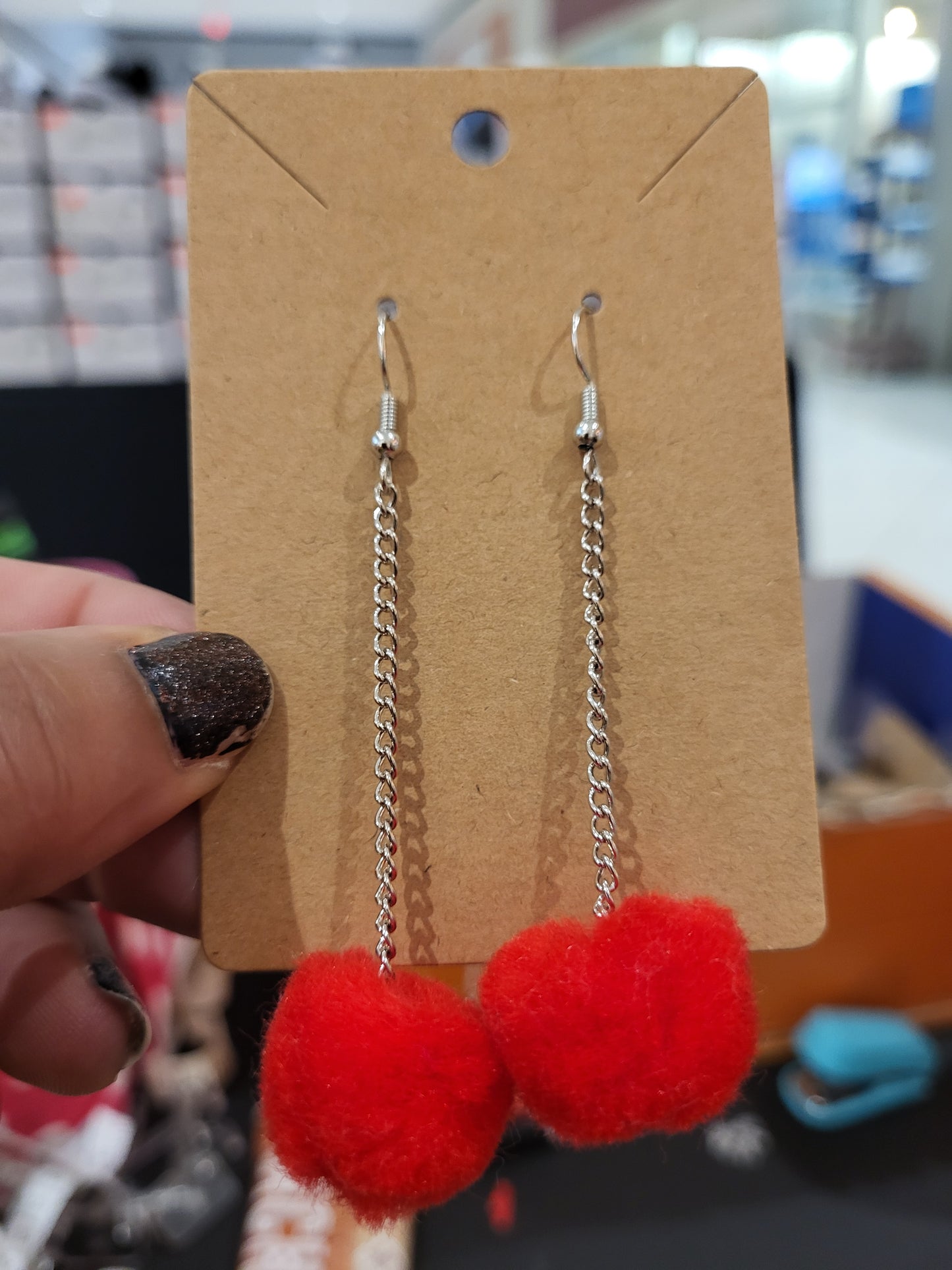 Handmade red pom pom chain earrings medium
