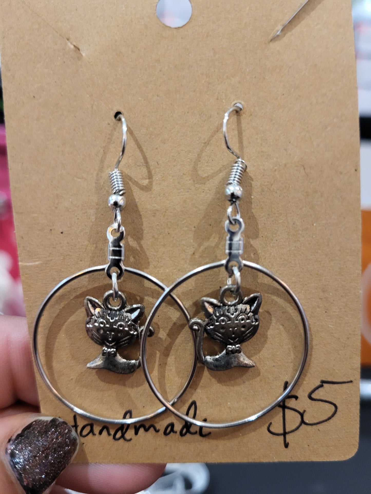 Handmade cat in a circle earrings