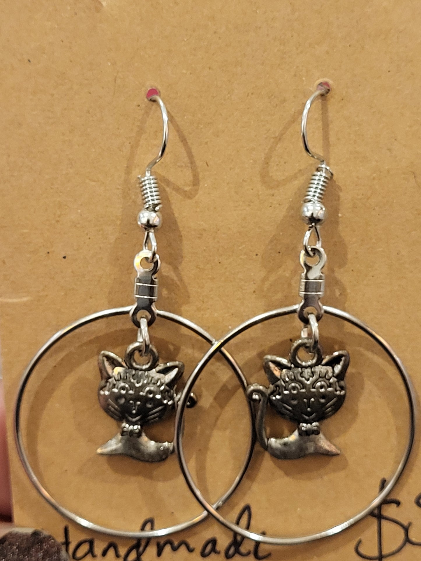 Handmade cat in a circle earrings