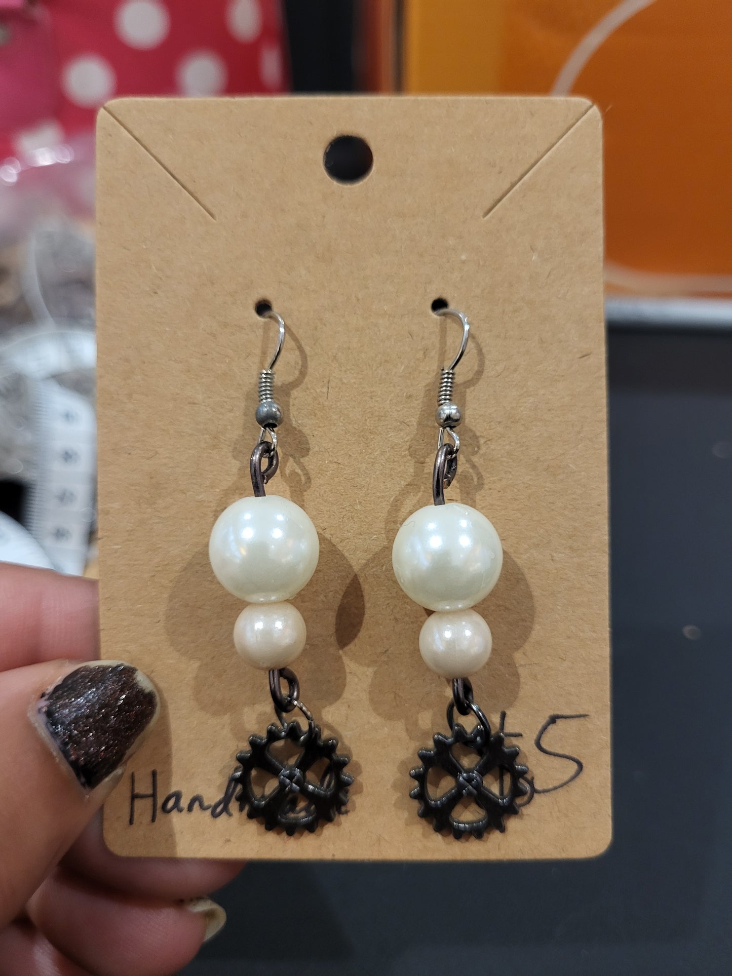 Handmade steampunk white and pink earrings with gear