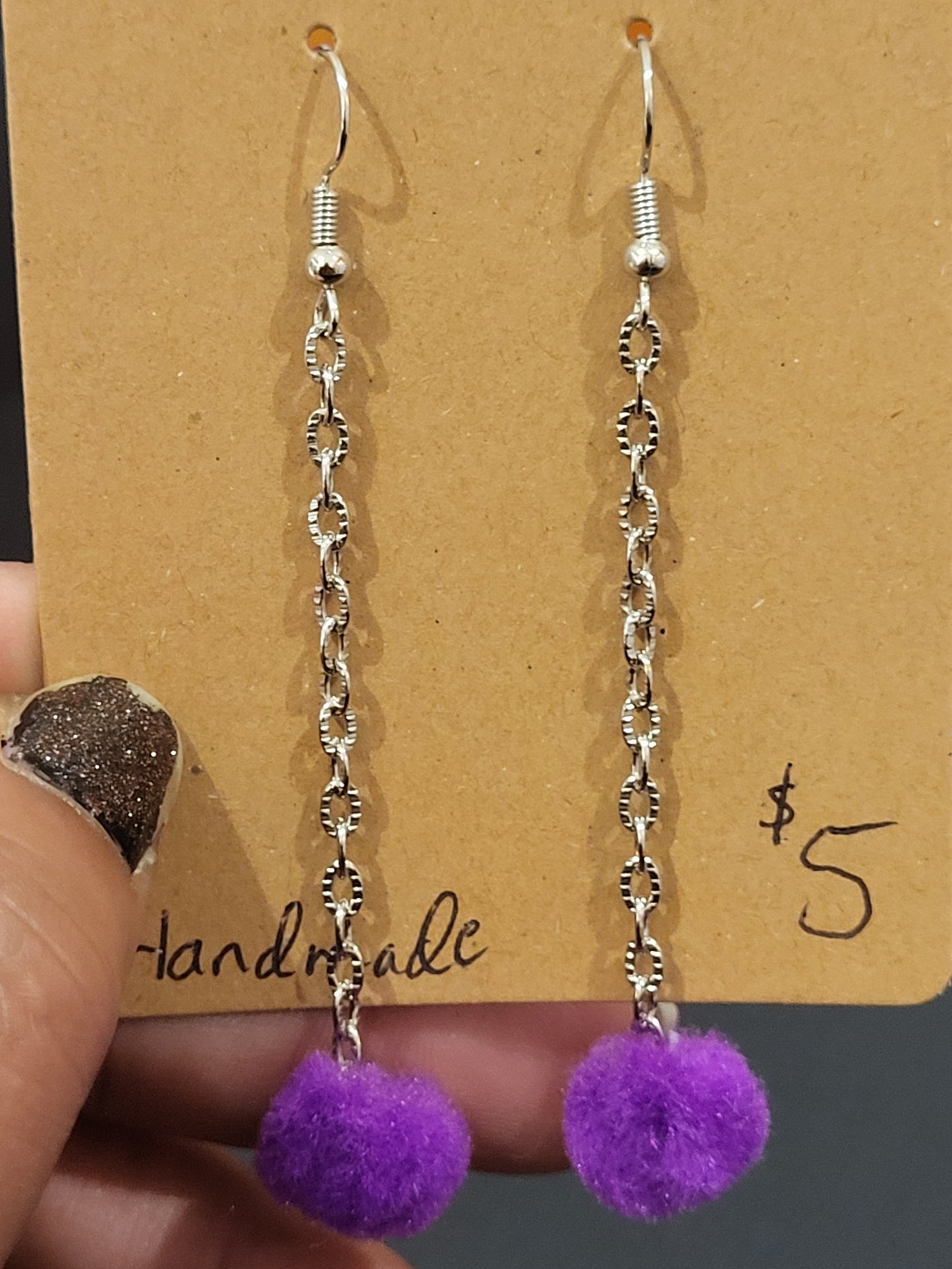 Handmade purple pom pom chain earrings mini