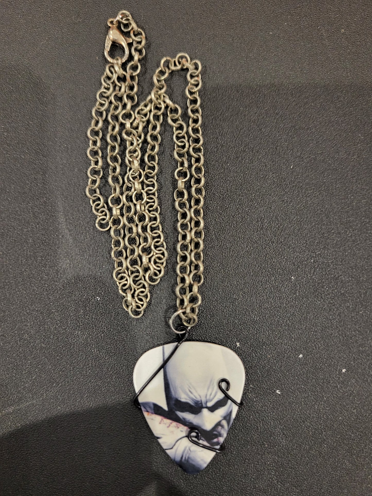 Handmade wire wrapped Batman guitar pick necklace