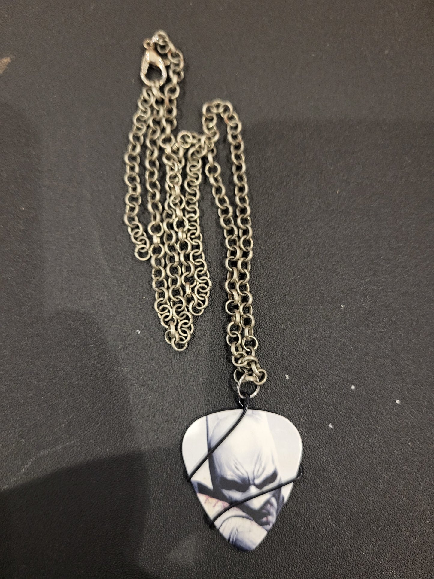 Handmade wire wrapped Batman guitar pick necklace