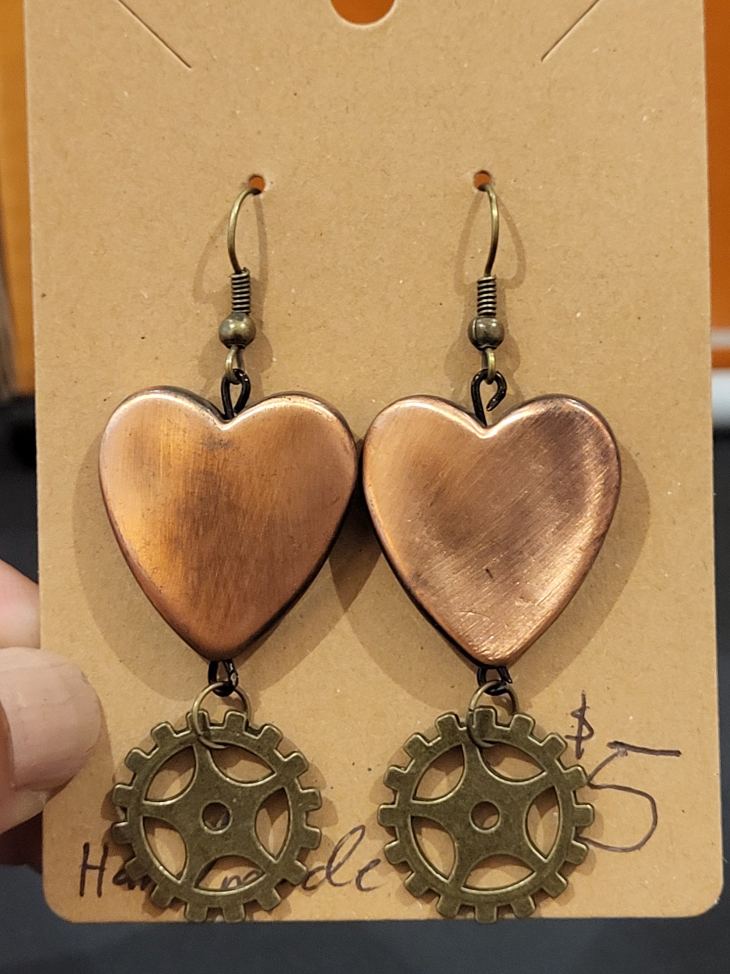 Handmade steampunk brass heart charm earring with gear