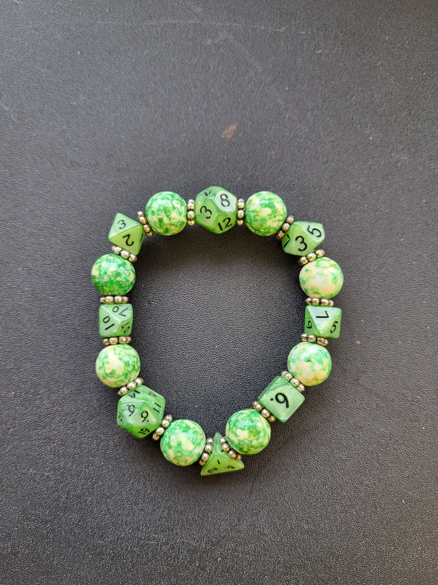 Green and yellow marbled bead and lime green dice stretch bracelet