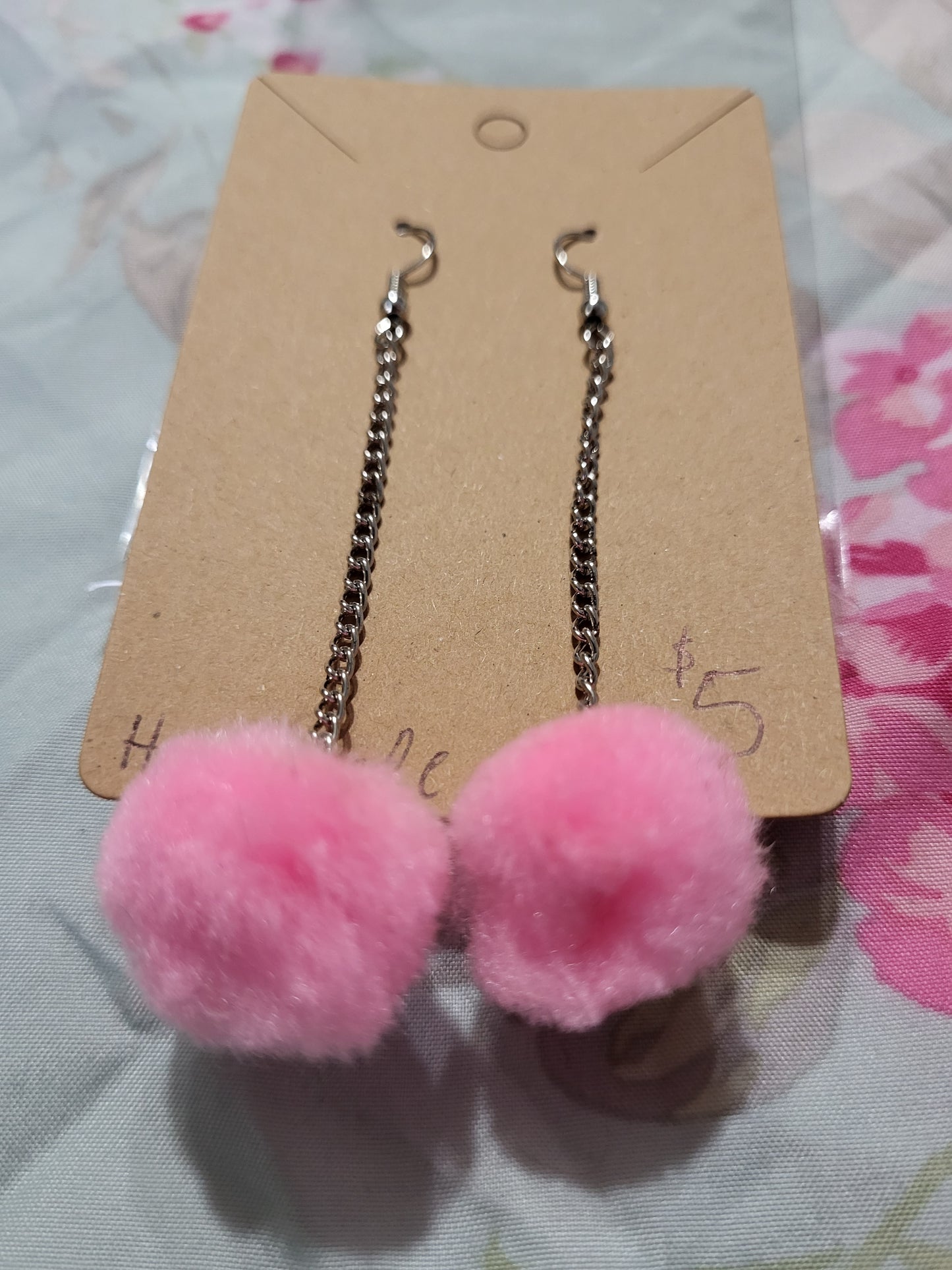 Handmade Bubblegum pink pom-pom earrings 2in chain medium