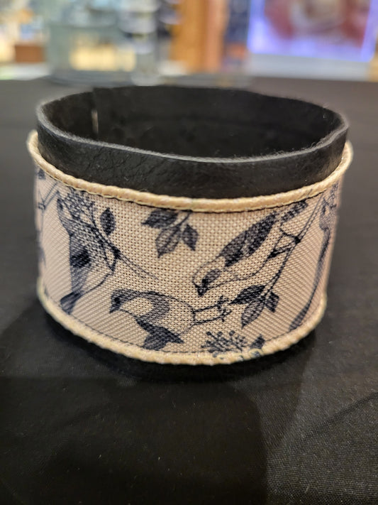 Handmade bird ribbon and Faux leather fabric cuff bracelet