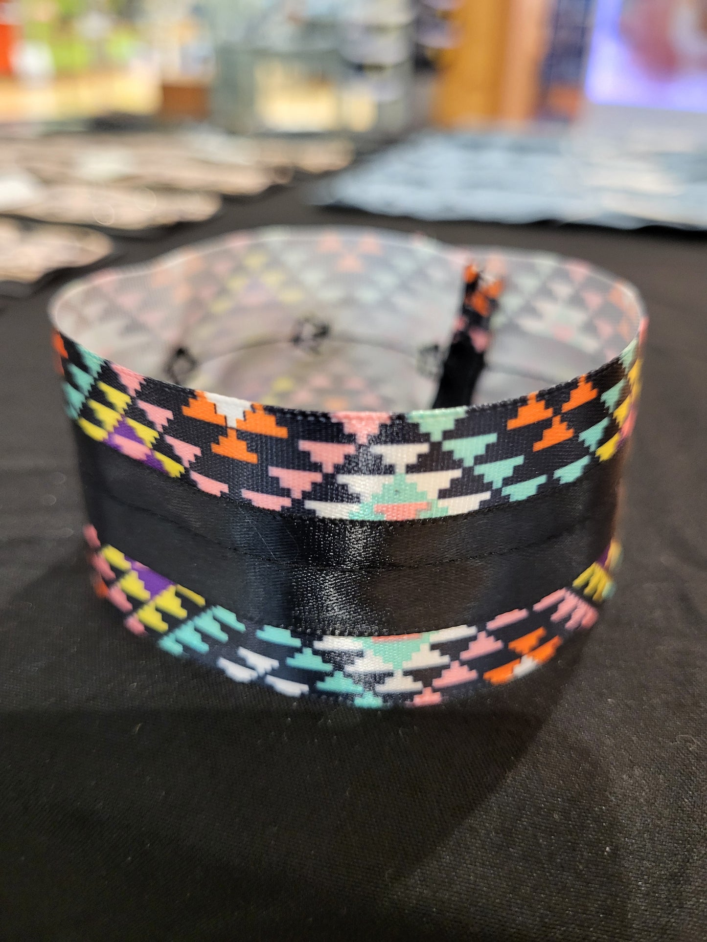 Handmade multicolored ribbon cuff bracelet with black ribbon