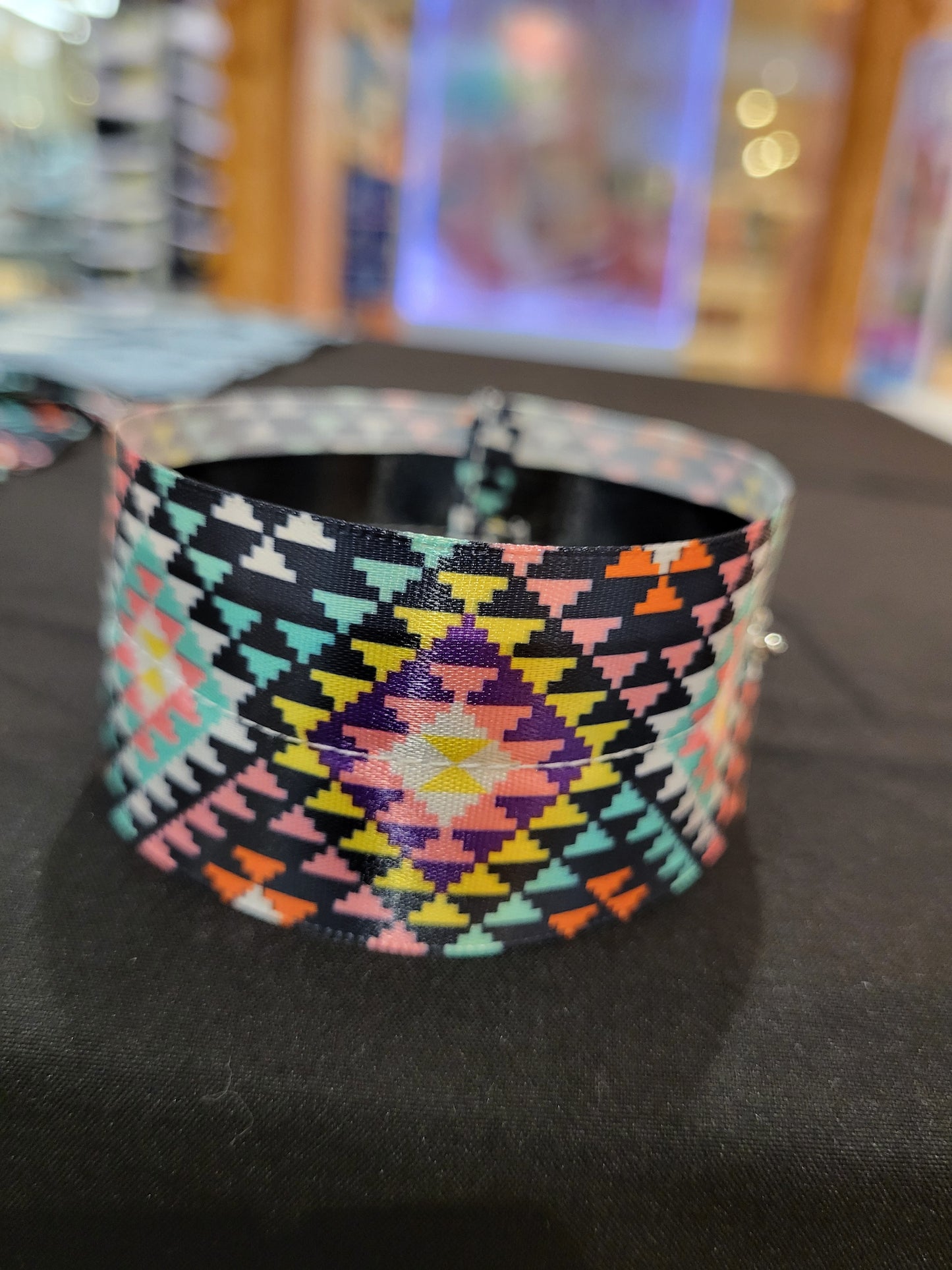 Handmade multicolored geometric ribbon cuff bracelet