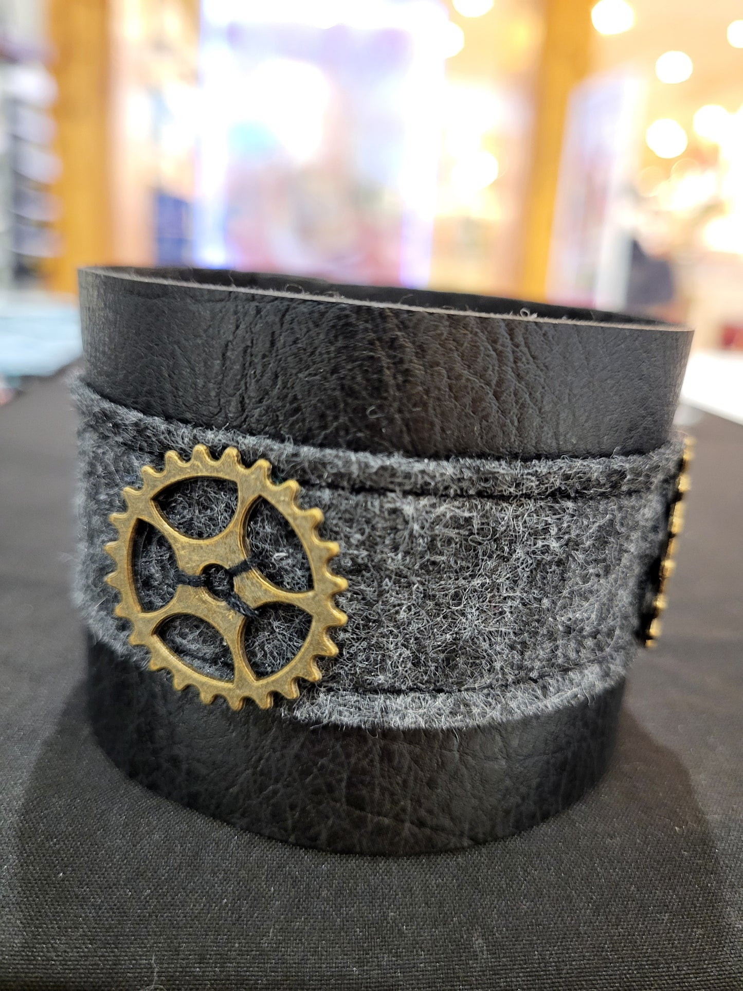 Handmade steampunk Faux leather and wool felt fabric cuff bracelet #2