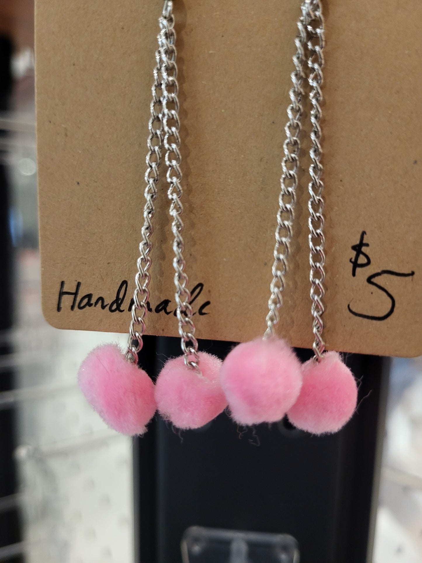 Handmade bubblegum pink pom pom chain earriings mini double