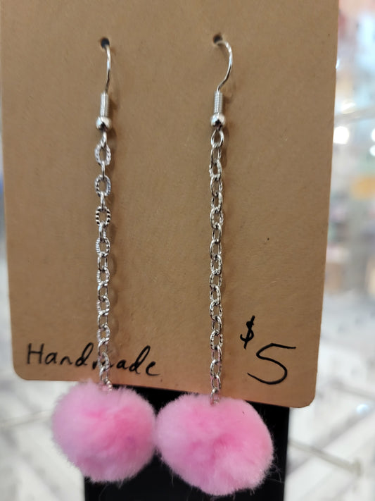 Handmade bubblegum pink pom pom chain earrings small alternate chain