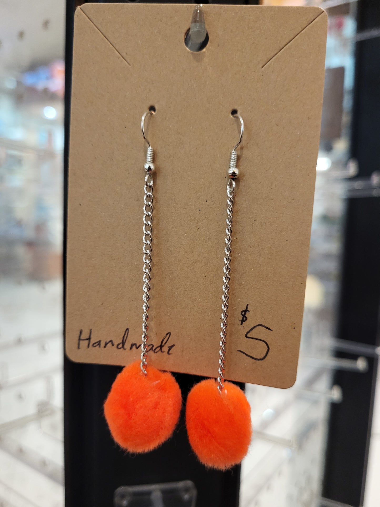 Handmade orange pom pom chain earrings small