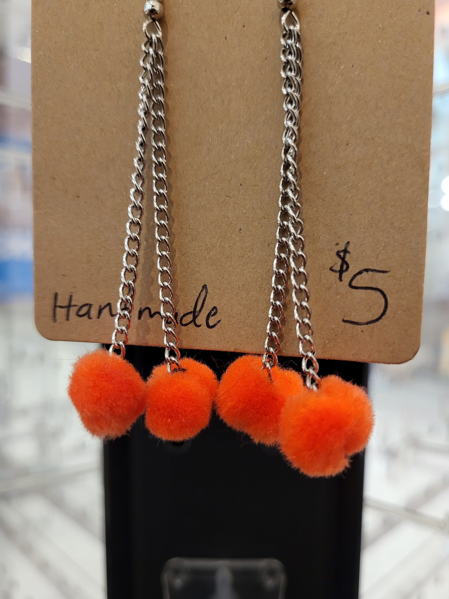 Handmade orange pom pom chain earrings mini double