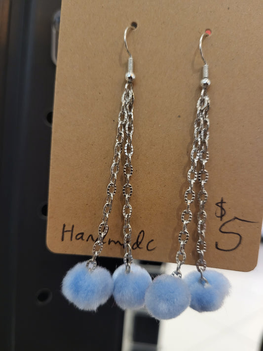 Handmade sky blue pom pom chain earrings mini double