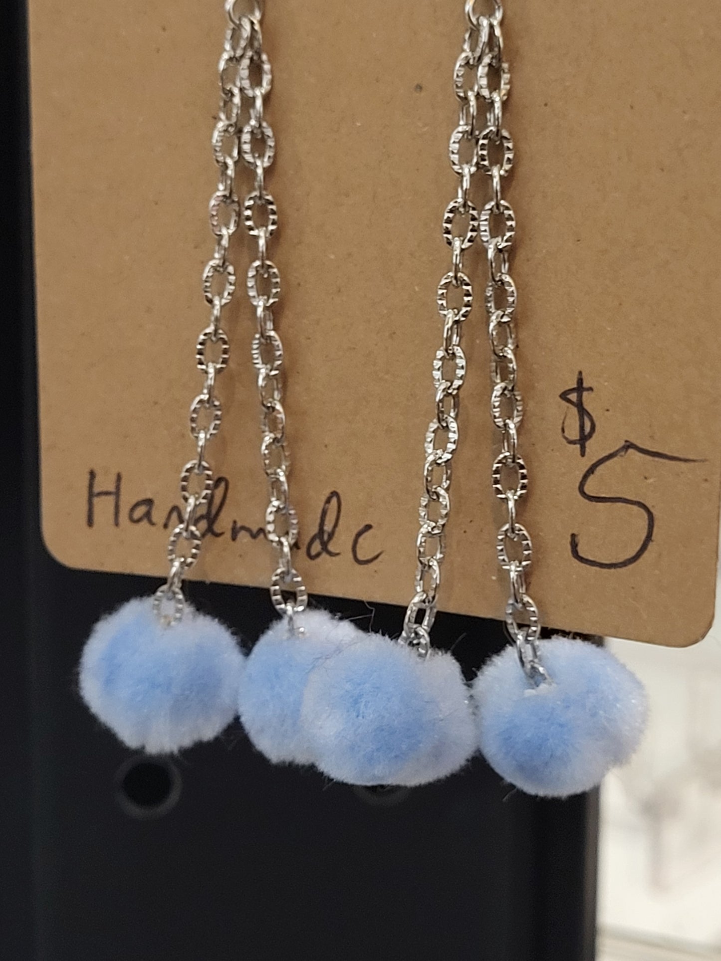 Handmade sky blue pom pom chain earrings mini double