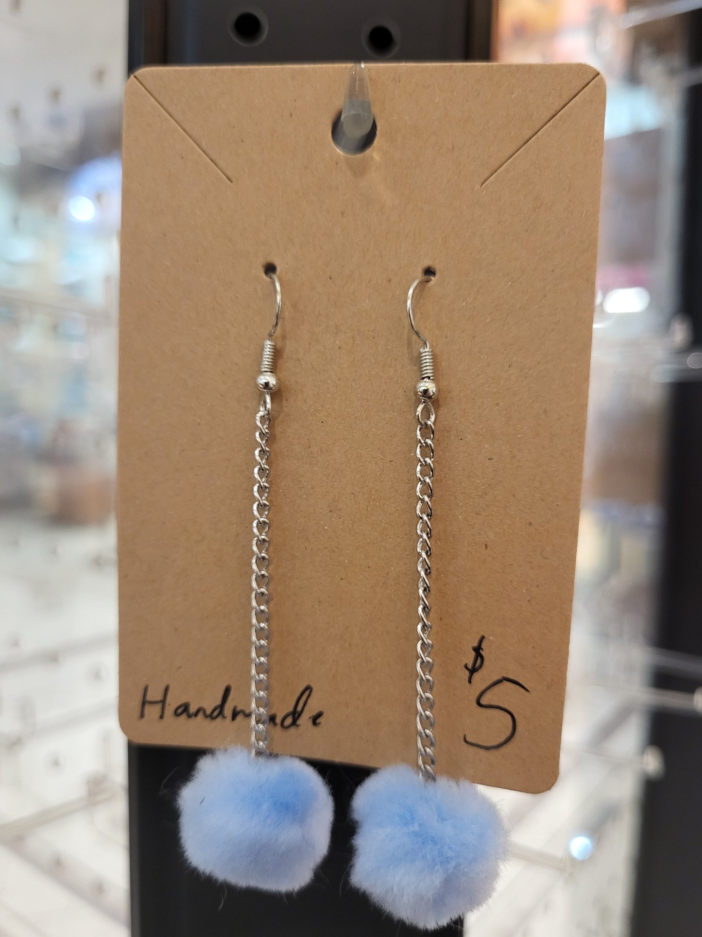 Handmade Sky blue pom pom chain earrings small