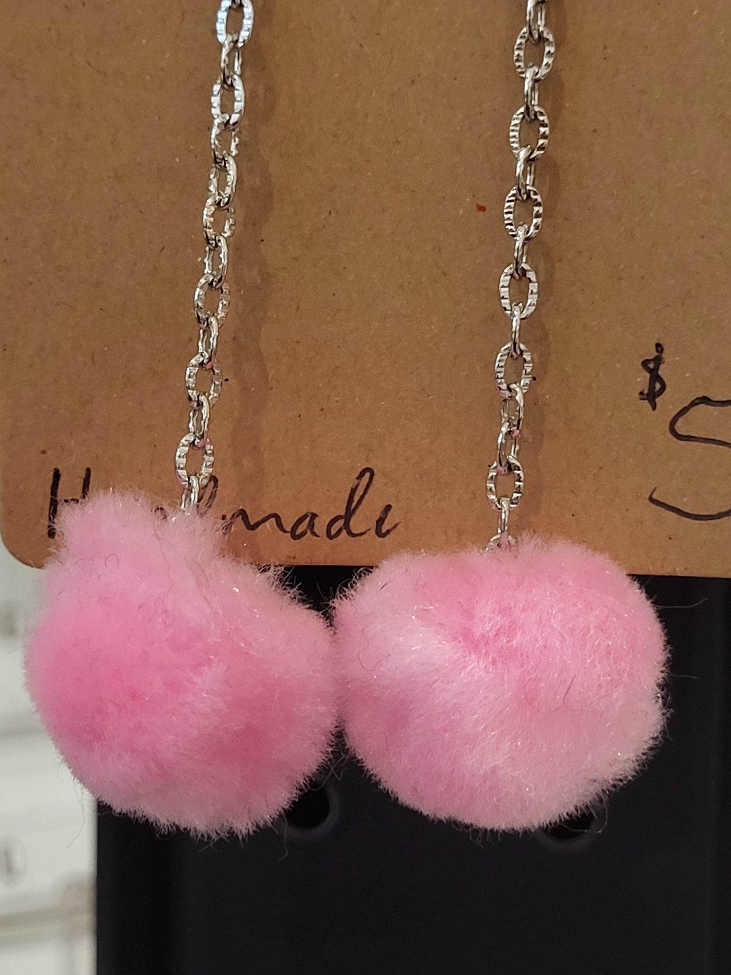 Handmade bubblegum pink pom pom chain earrings medium alternate chain