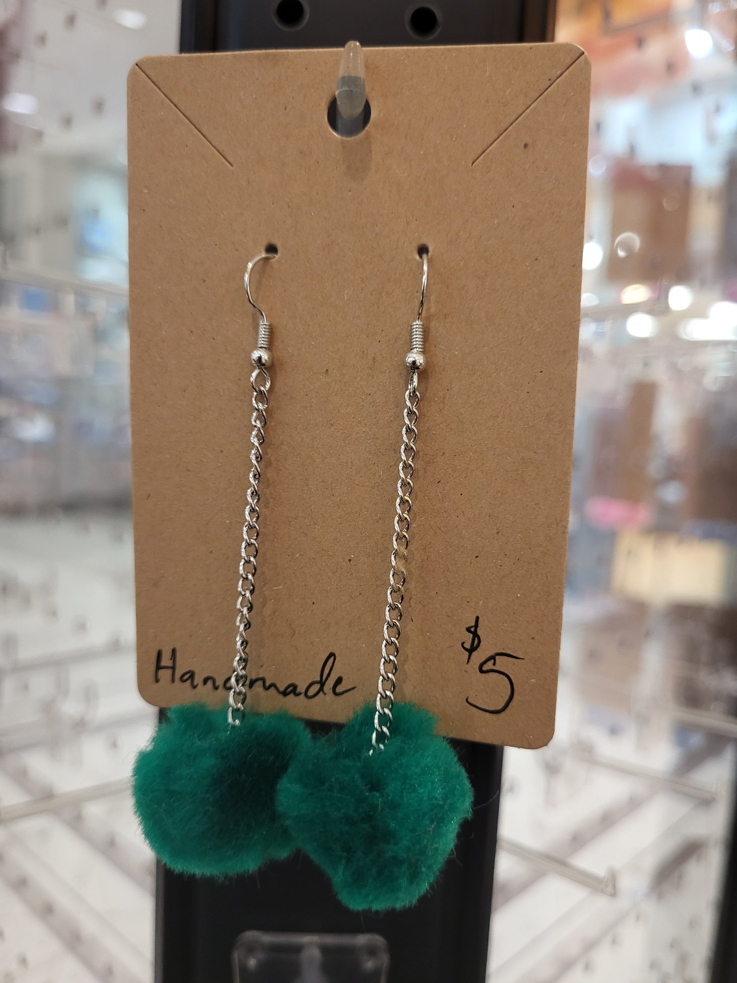 Handmade green pom pom chain earrings medium