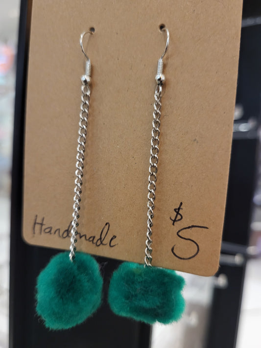 Handmade green pom pom chain earrings small