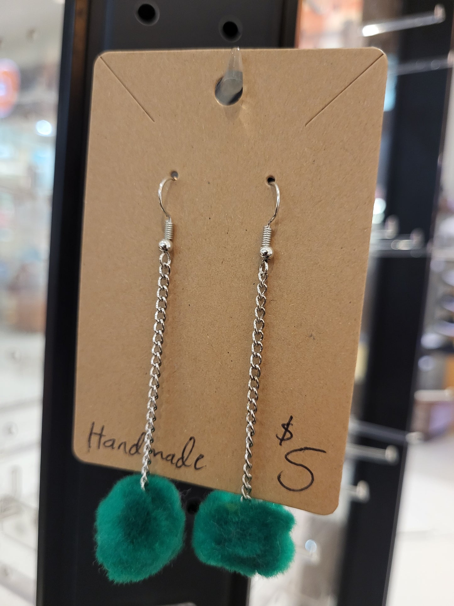 Handmade green pom pom chain earrings small