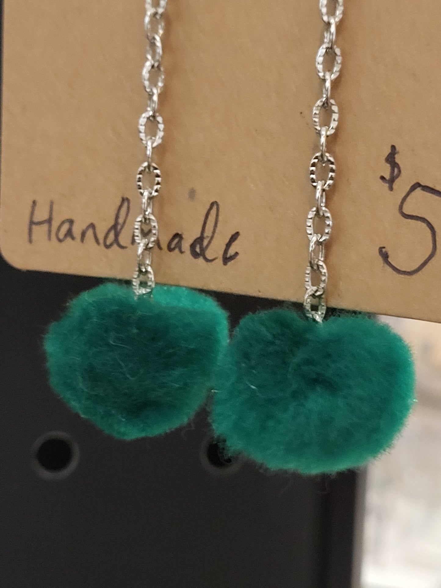 Handmade green pom pom chain earrings small alternate