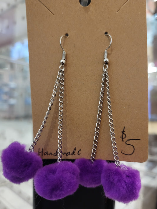 Handmade purple pom pom chain earrings small double