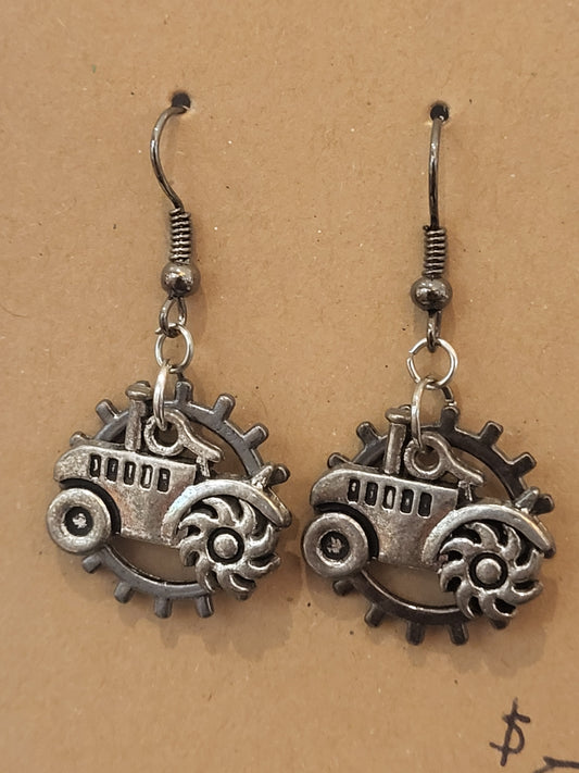 Handmade gear behind tractor earrings