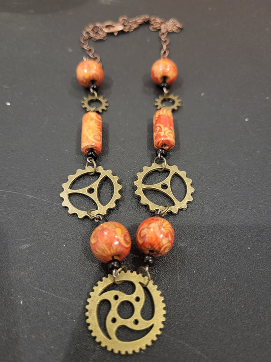 Handmade steampunk metal gears wooden beads rose gold chain necklace