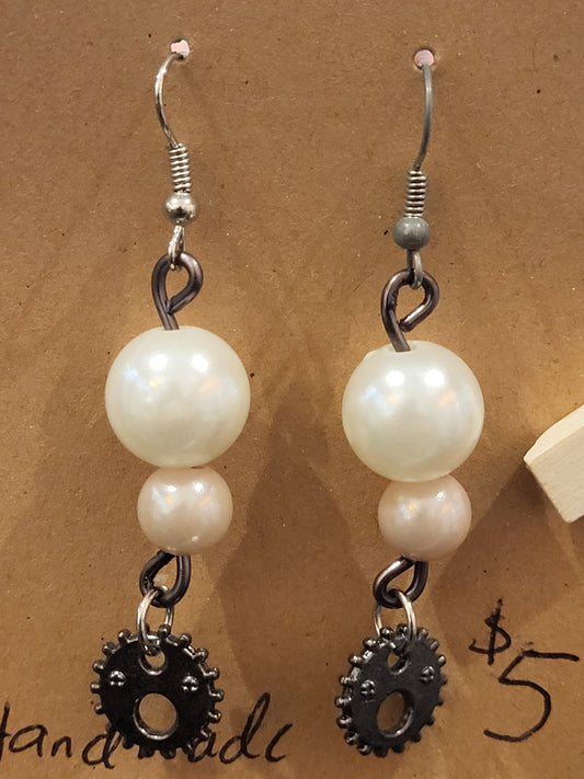 Handmade white and blush bead with black gear earrings