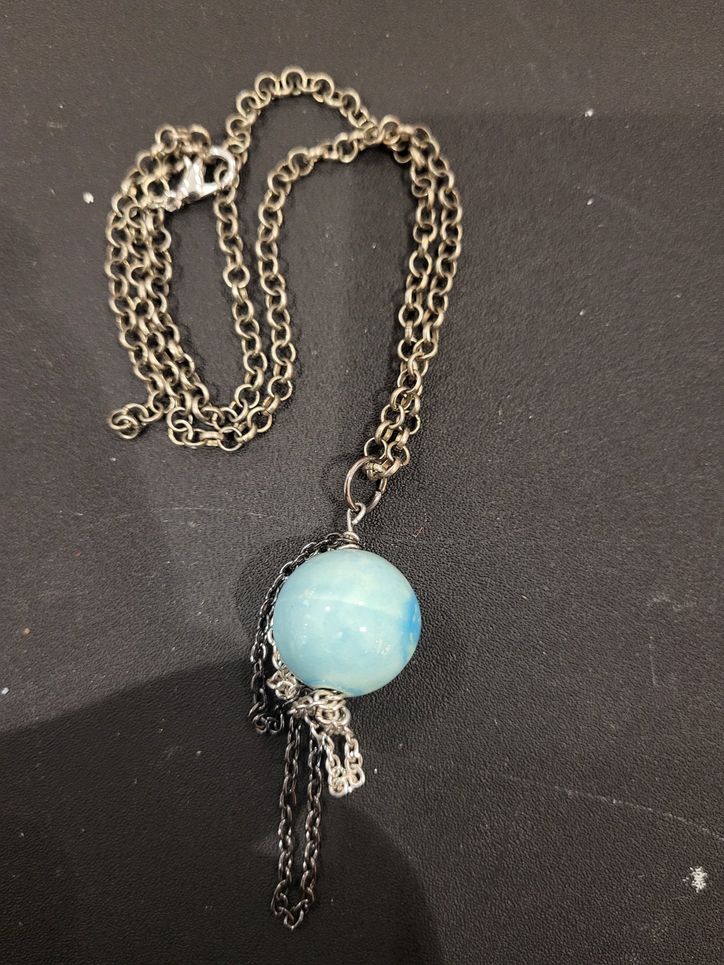 Handmade large blue bead necklace with chain accents