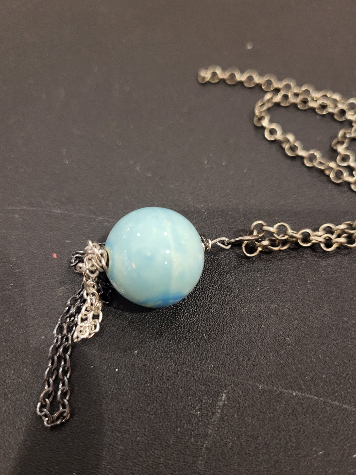 Handmade large blue bead necklace with chain accents