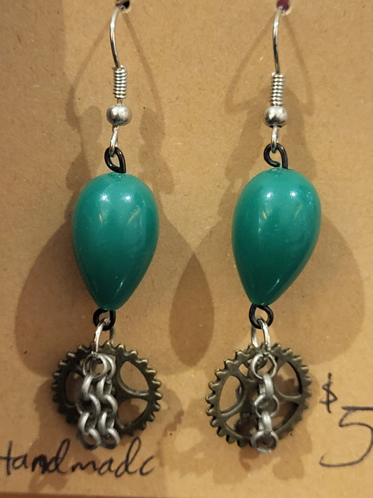 Handmade Green teardrop bead earrings with gear