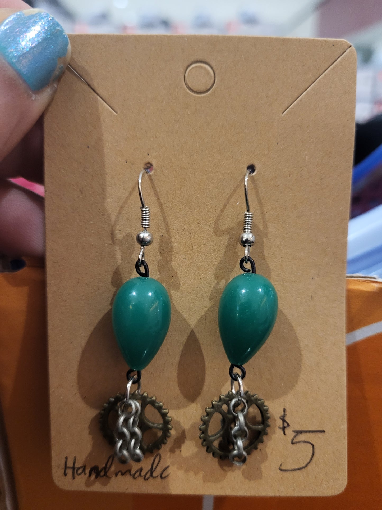 Handmade Green teardrop bead earrings with gear