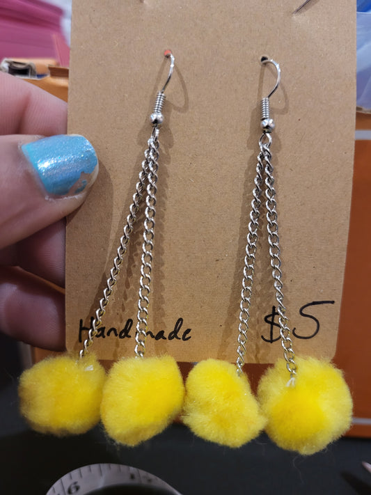 Handmade yellow pom pom chain earrings small double