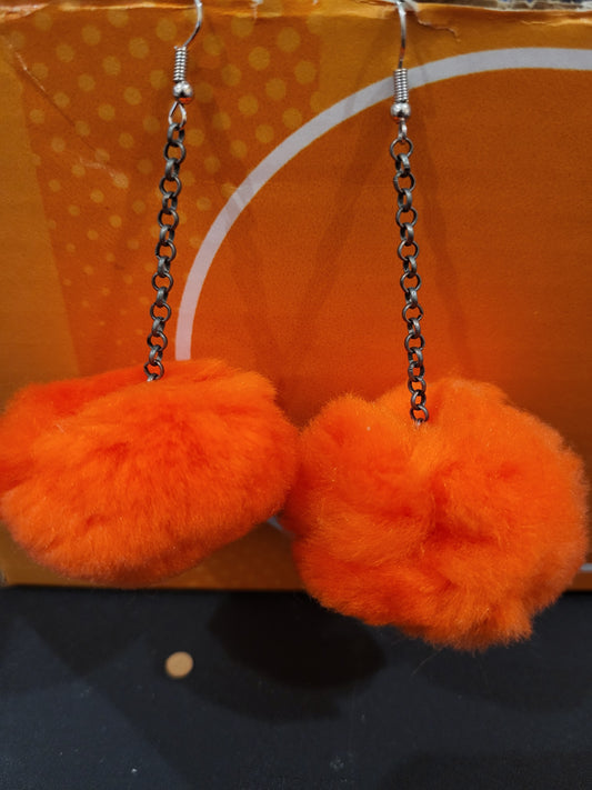 Handmade orange pom pom chain earrings large