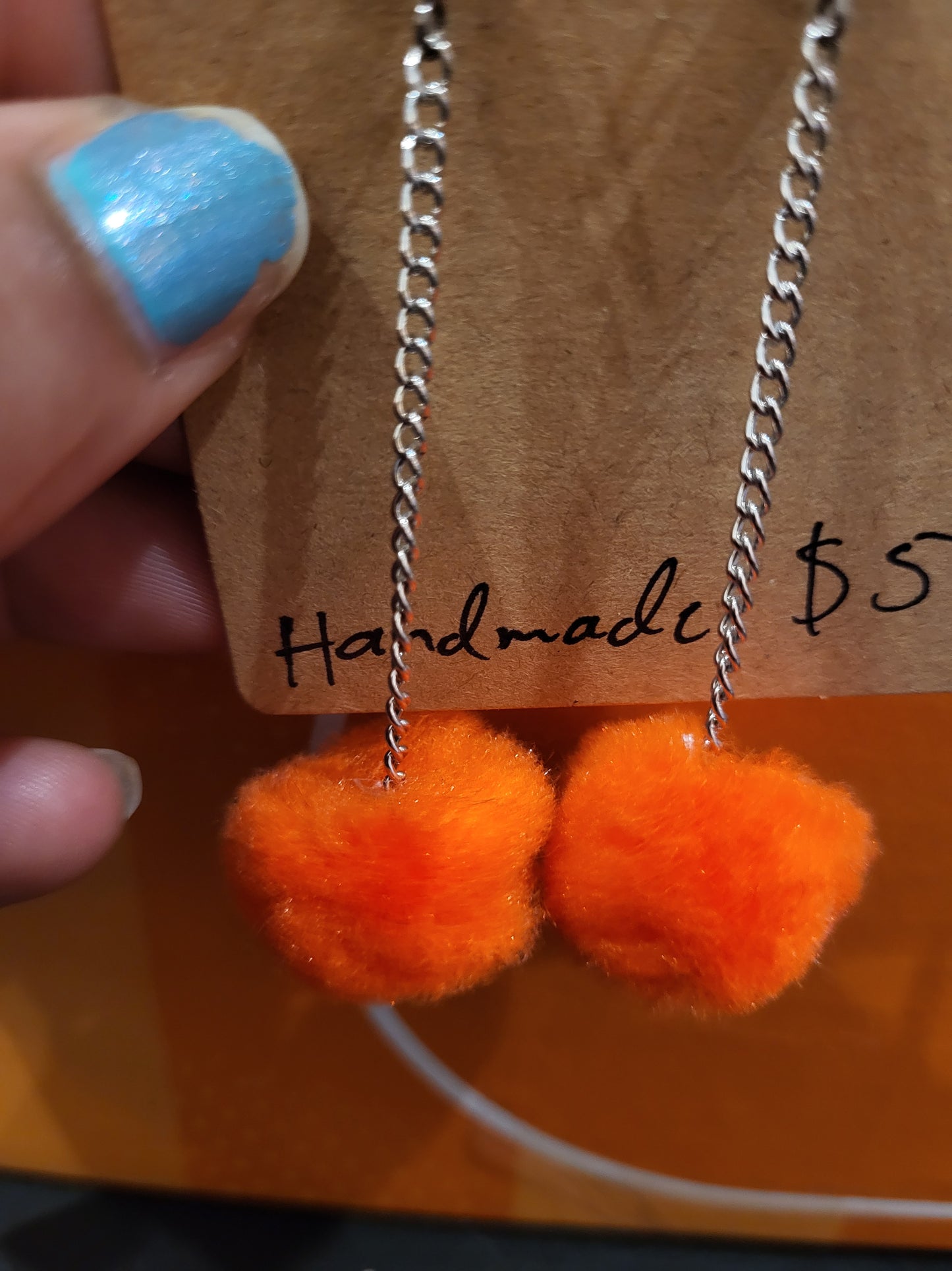 Handmade orange pom pom chain earrings medium