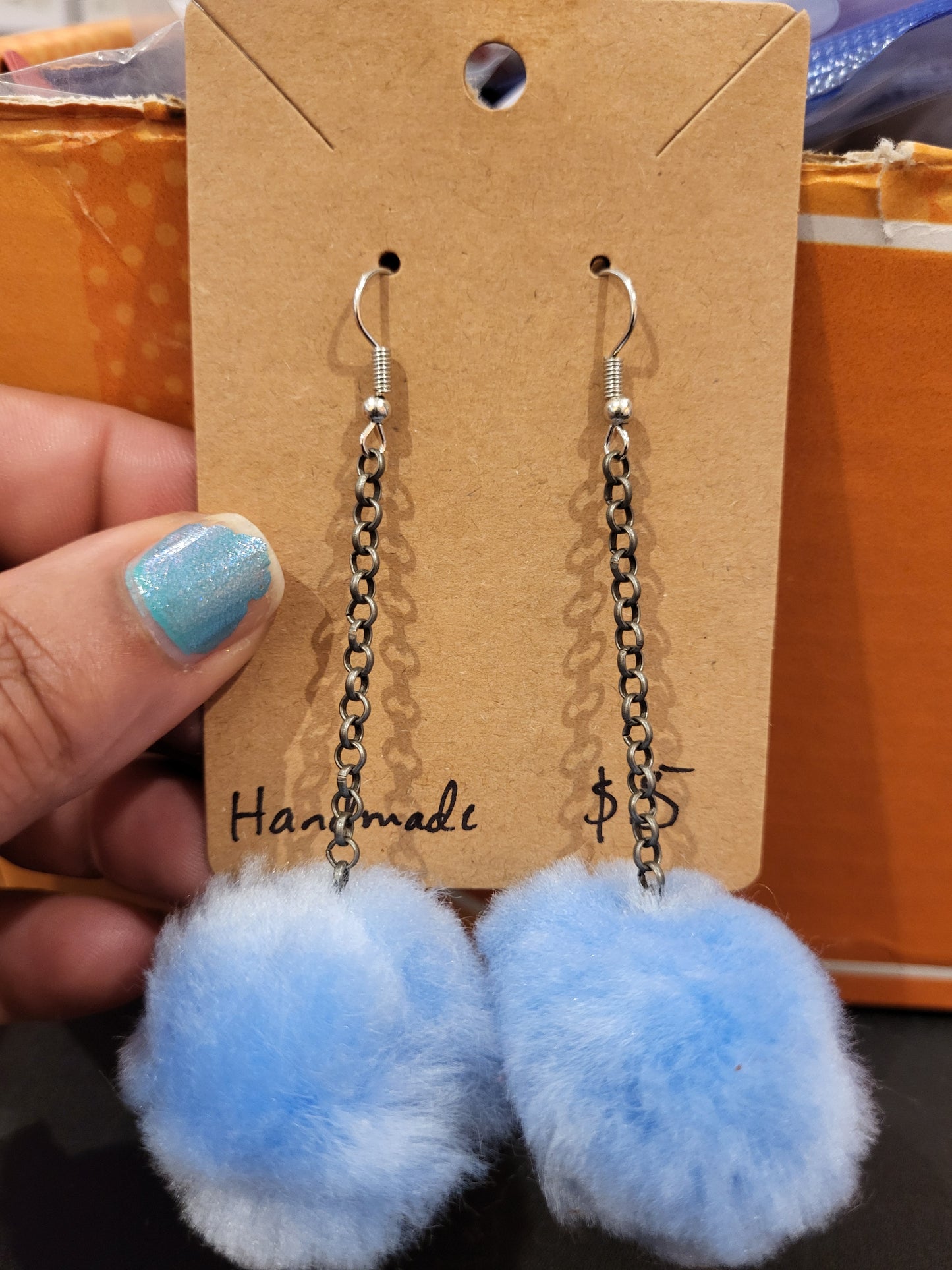 Handmade Sky blue pom pom chain earrings large