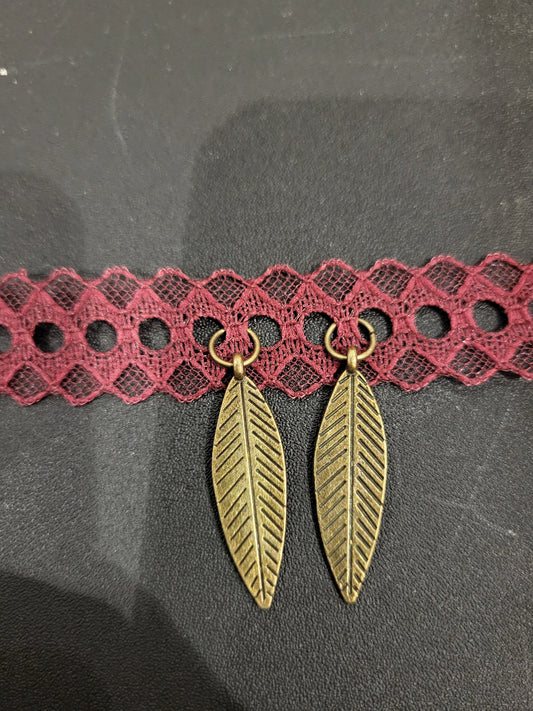 Handmade red ribbon choker with bronze feather charms 12-15in